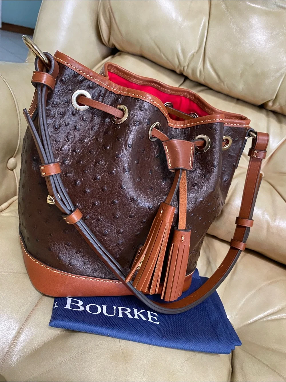 Dooney & Bourke Ostrich Small Drawstring Shoulder Bag Leather Bucket
